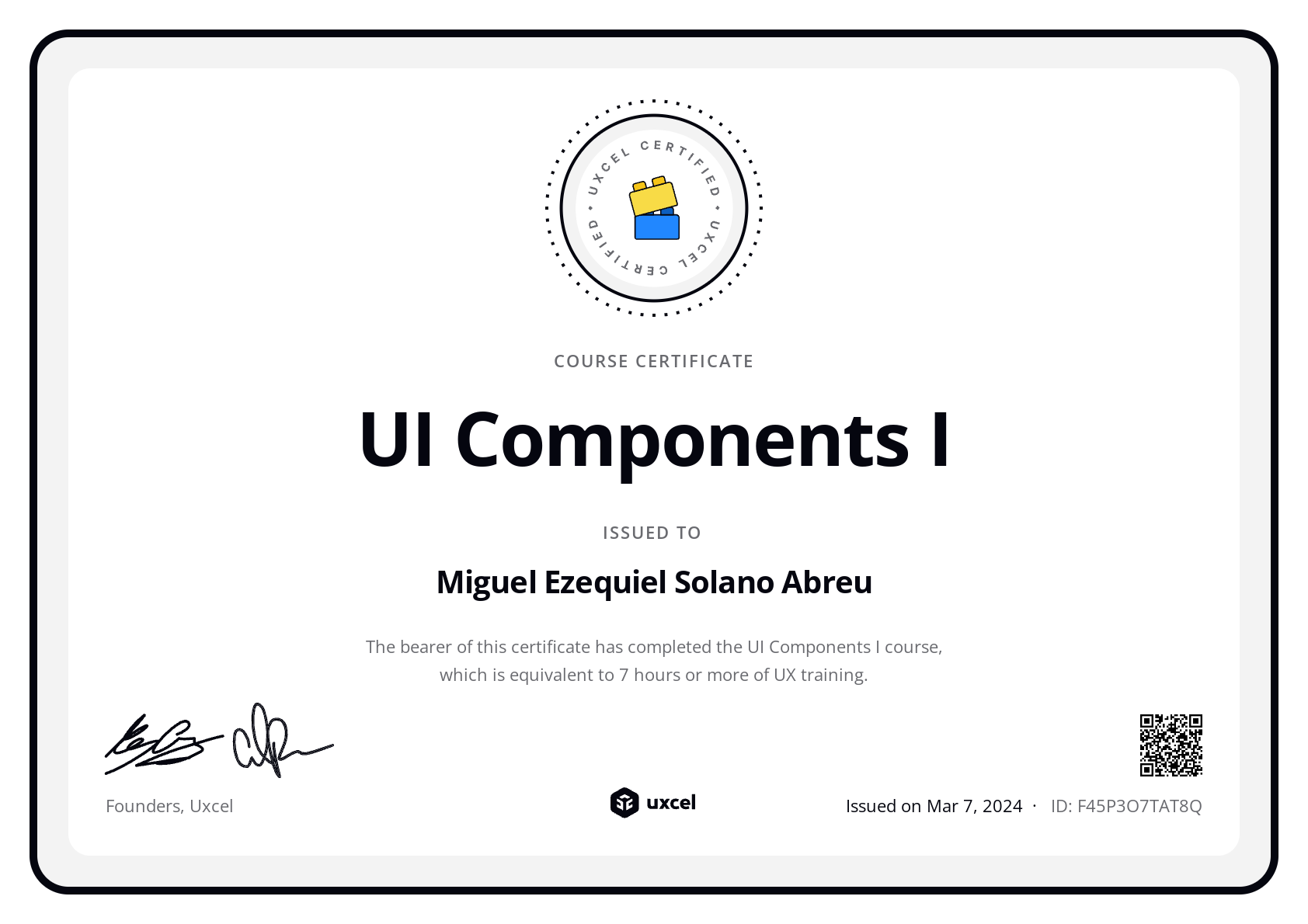 Miguel Ezequiel Solano Abreu's certificate